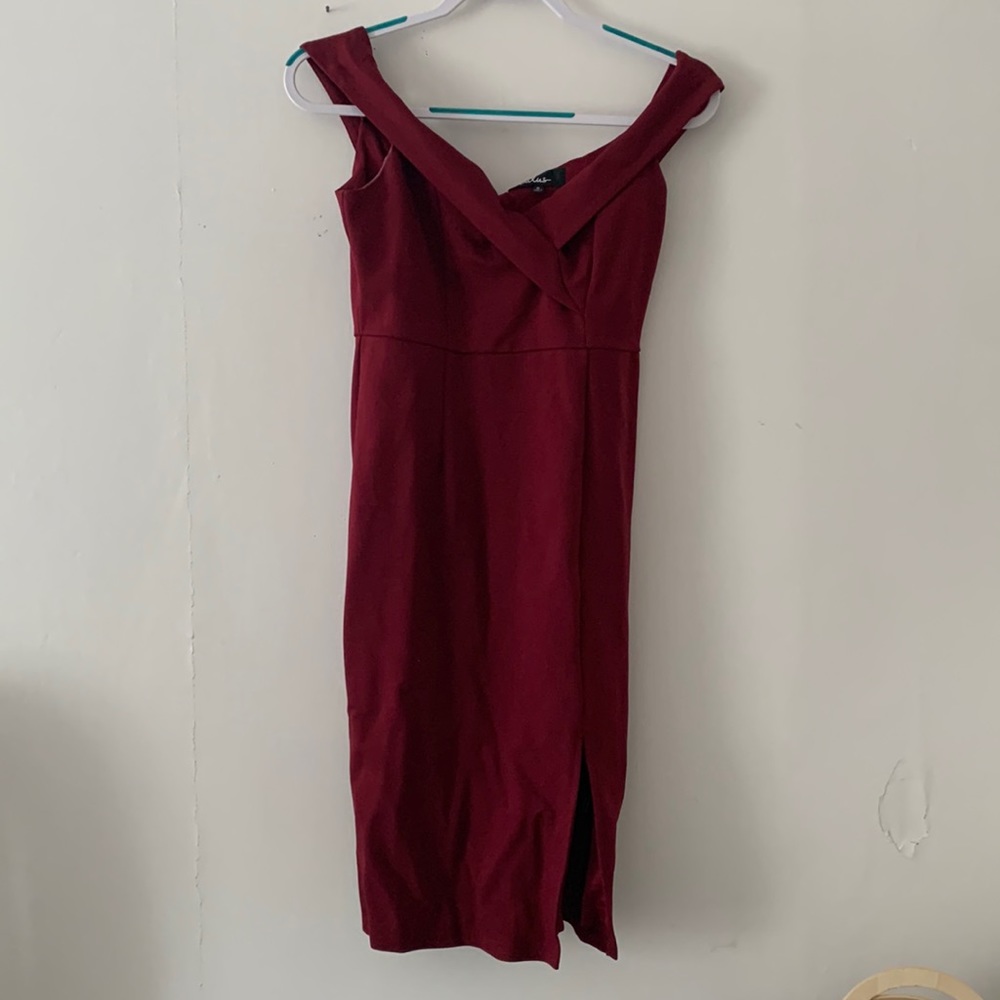 Lulus Small “Classic Glam Burgundy Off-the-Shoulder Bodycon Dress”